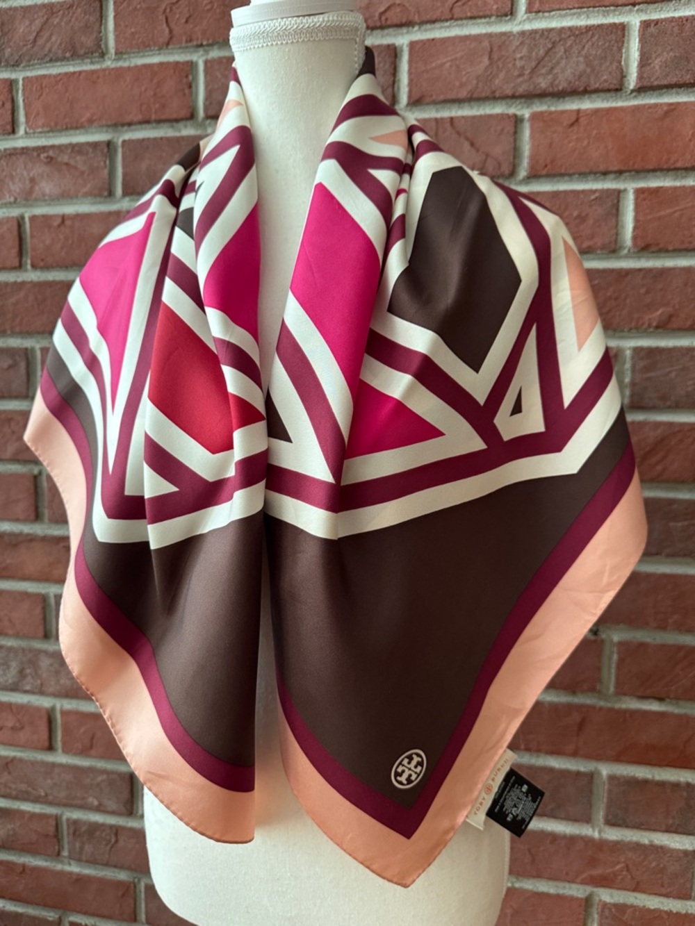 Tory Burch Geometric Luxury Silk Logo Scarf in Pink, Brown & Peach 35”x35”